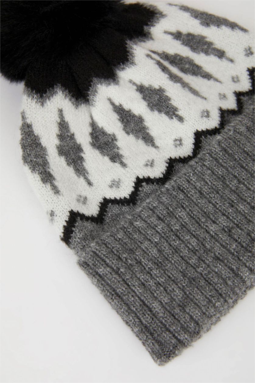 Kadın Siyah Kadın Jakarlı Ponponlu Bere