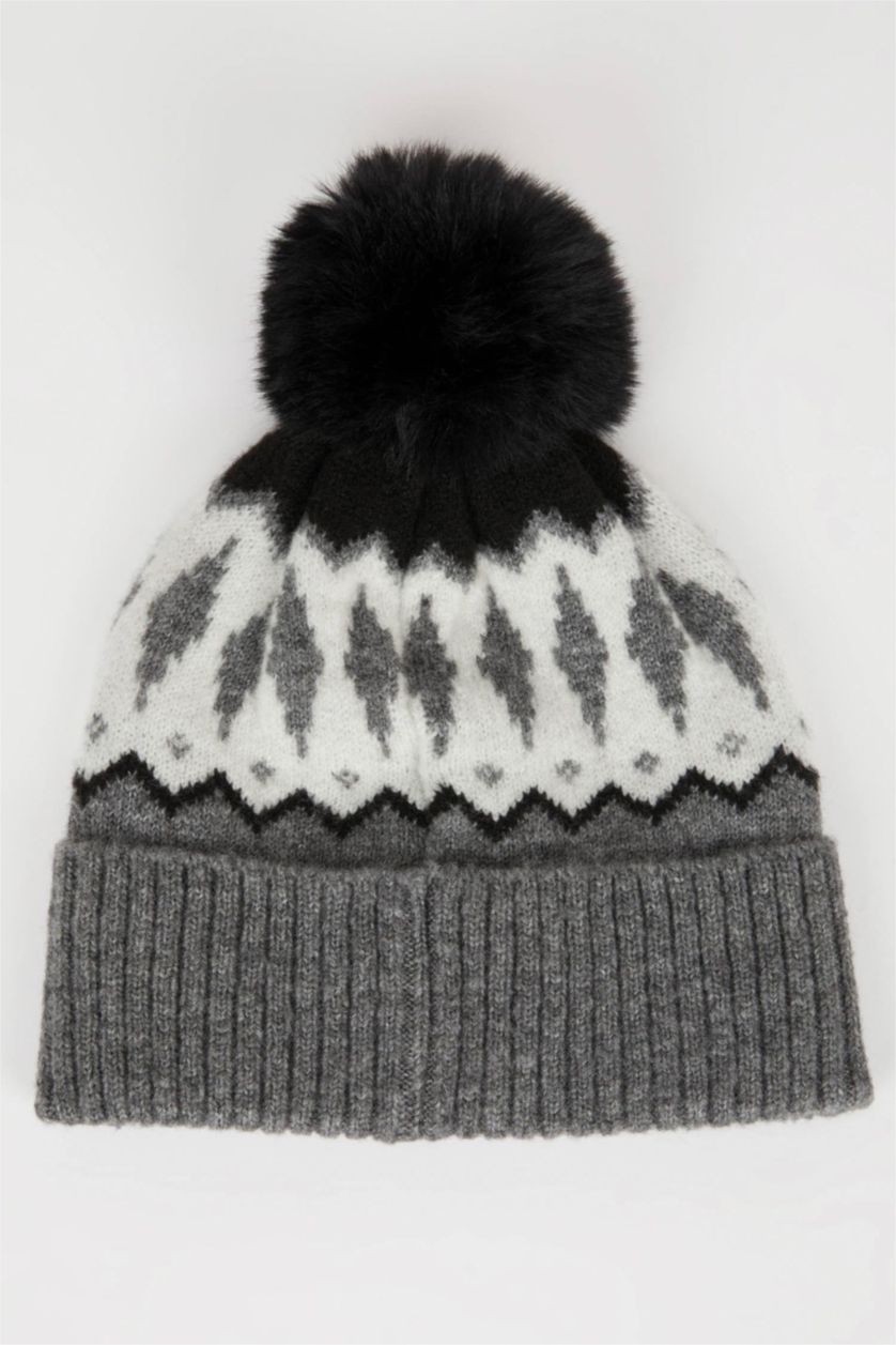 Kadın Siyah Kadın Jakarlı Ponponlu Bere