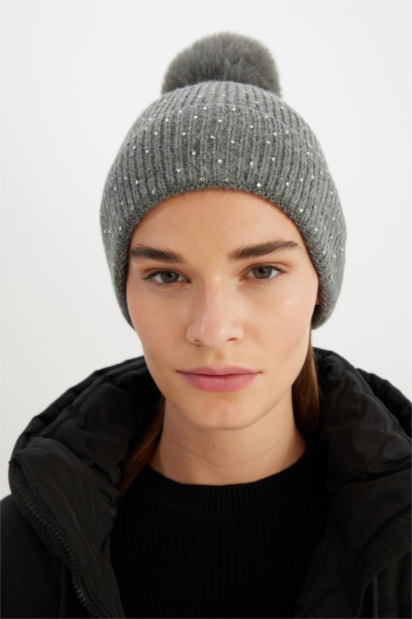 WOMAN Dark Grey Woman Pompom Beanie