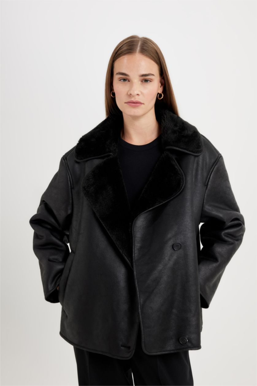 Kadın Siyah Relax Fit Süet Mont Kruvaze Yaka Düğmeli Mevsimlik Pelüş Astarlı 