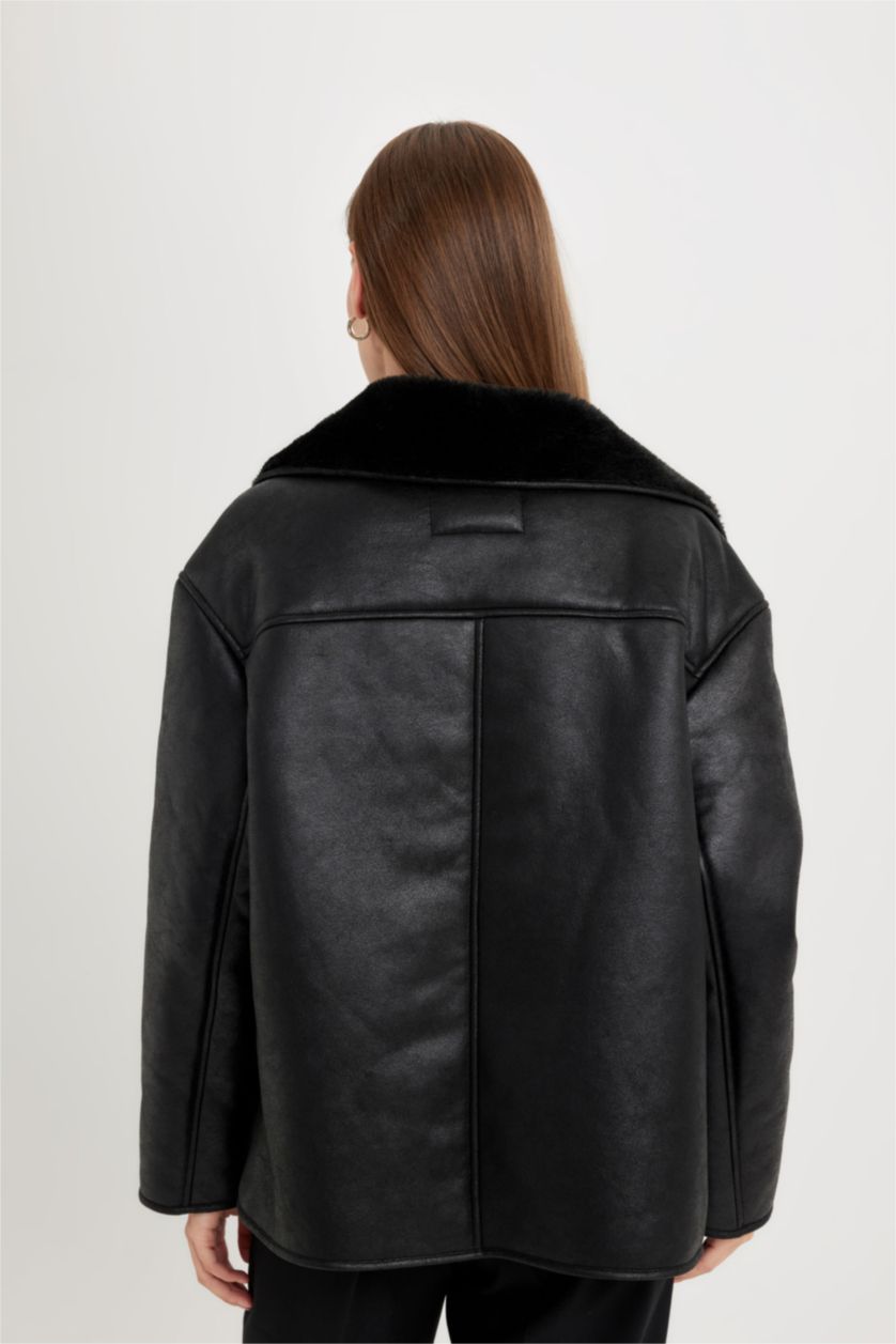 Kadın Siyah Relax Fit Süet Mont Kruvaze Yaka Düğmeli Mevsimlik Pelüş Astarlı 