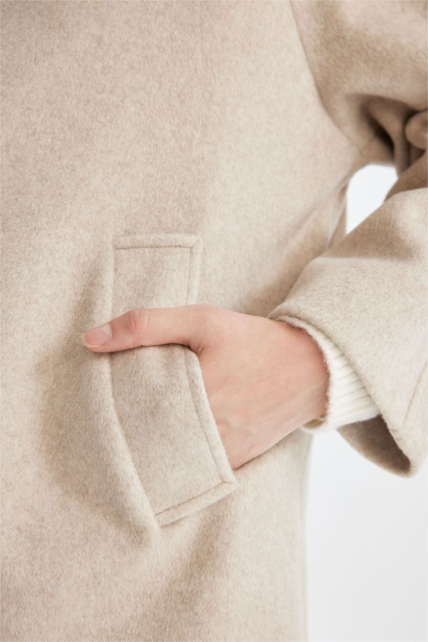 FEMME Beige Manteau court en laine avec col en fausse fourrure amovible à boutons et poches