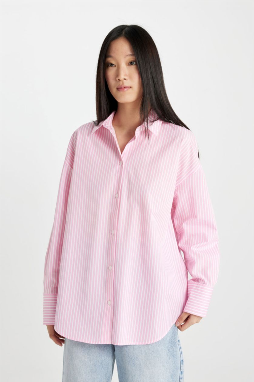 WOMAN Light Pink Shirt Collar Poplin Long Sleeve Crop Shirt