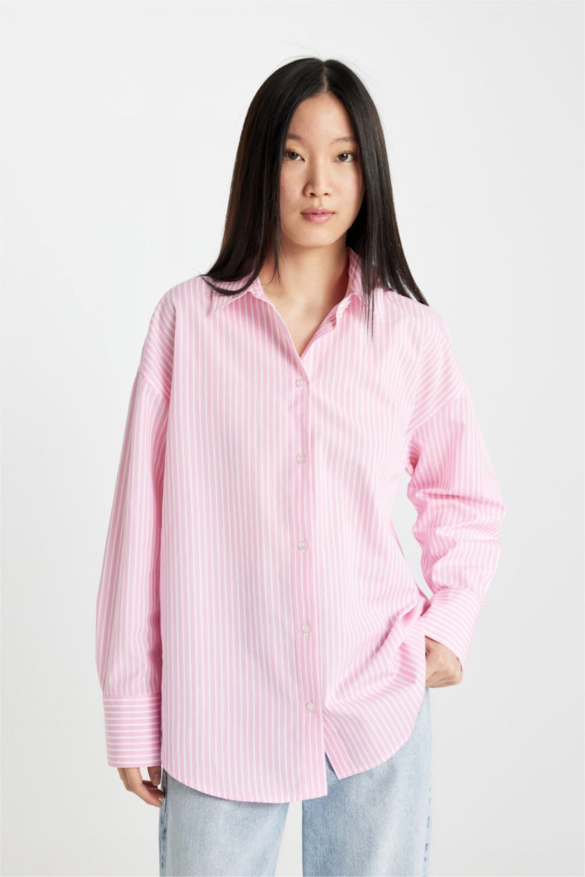 WOMAN Light Pink Shirt Collar Poplin Long Sleeve Crop Shirt