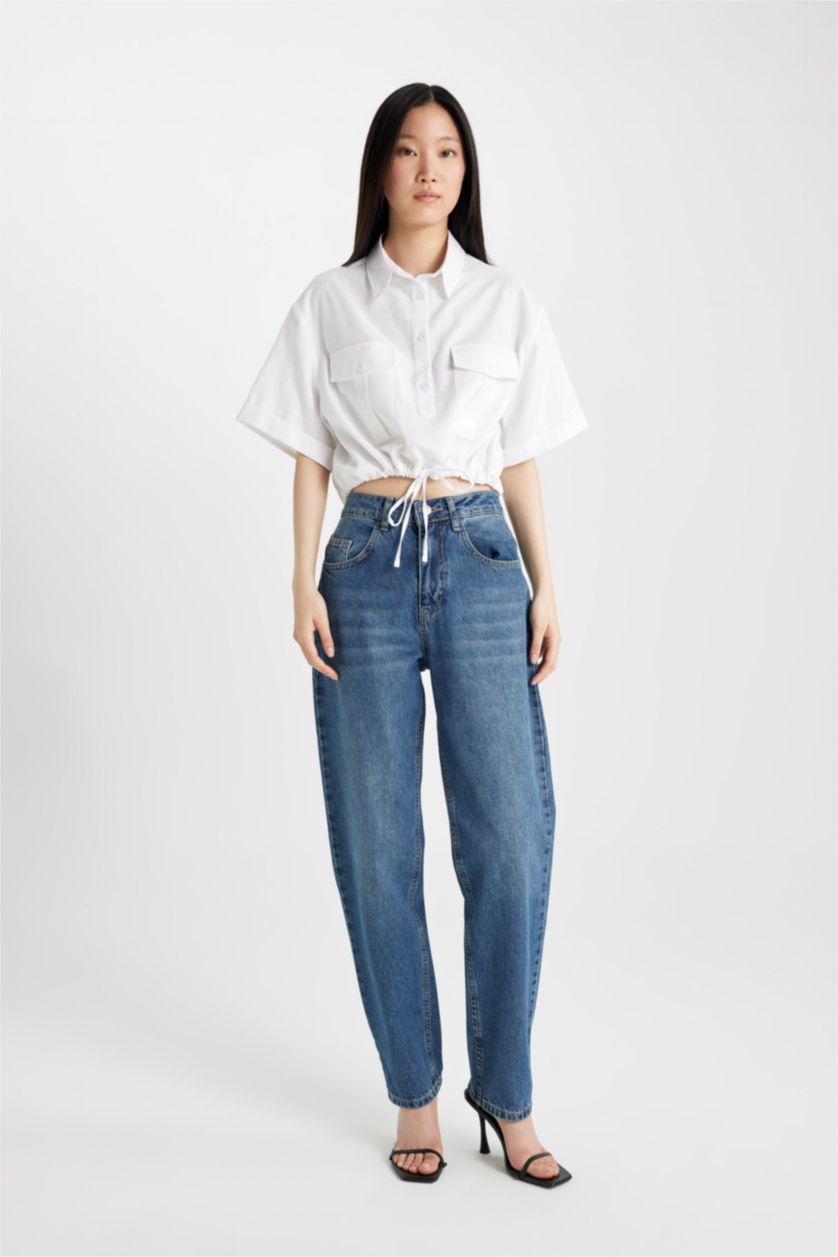 Kadın Beyaz Cropped Fıt Gömlek Yaka Keten Karışımlı Kısa Kollu Bluz