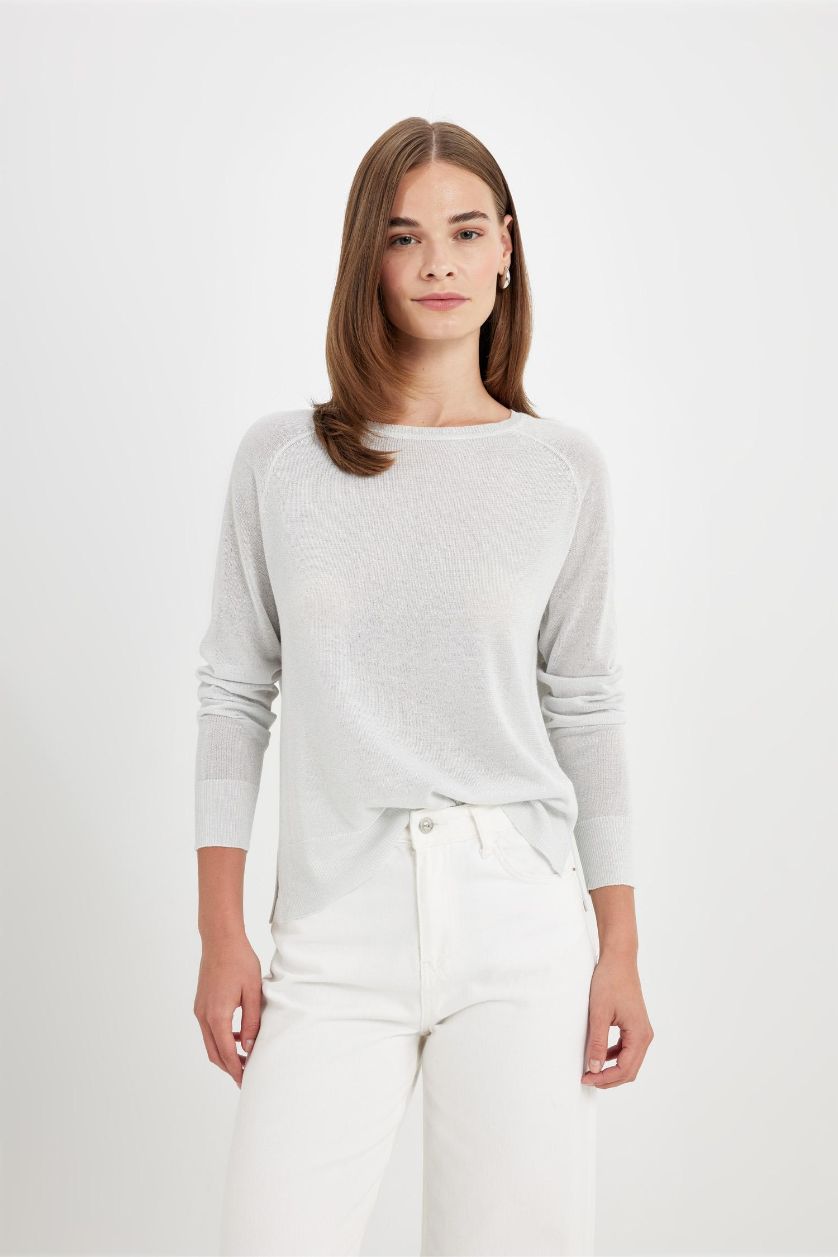 حريمي رمادي بلوفر بيزك تريكو قصة عادية برقبة مستديرة