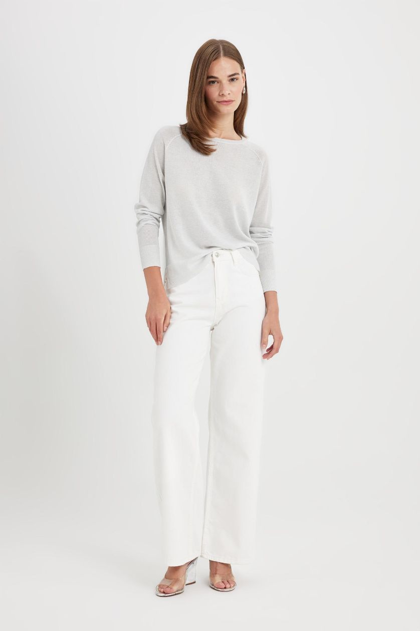 حريمي رمادي بلوفر بيزك تريكو قصة عادية برقبة مستديرة