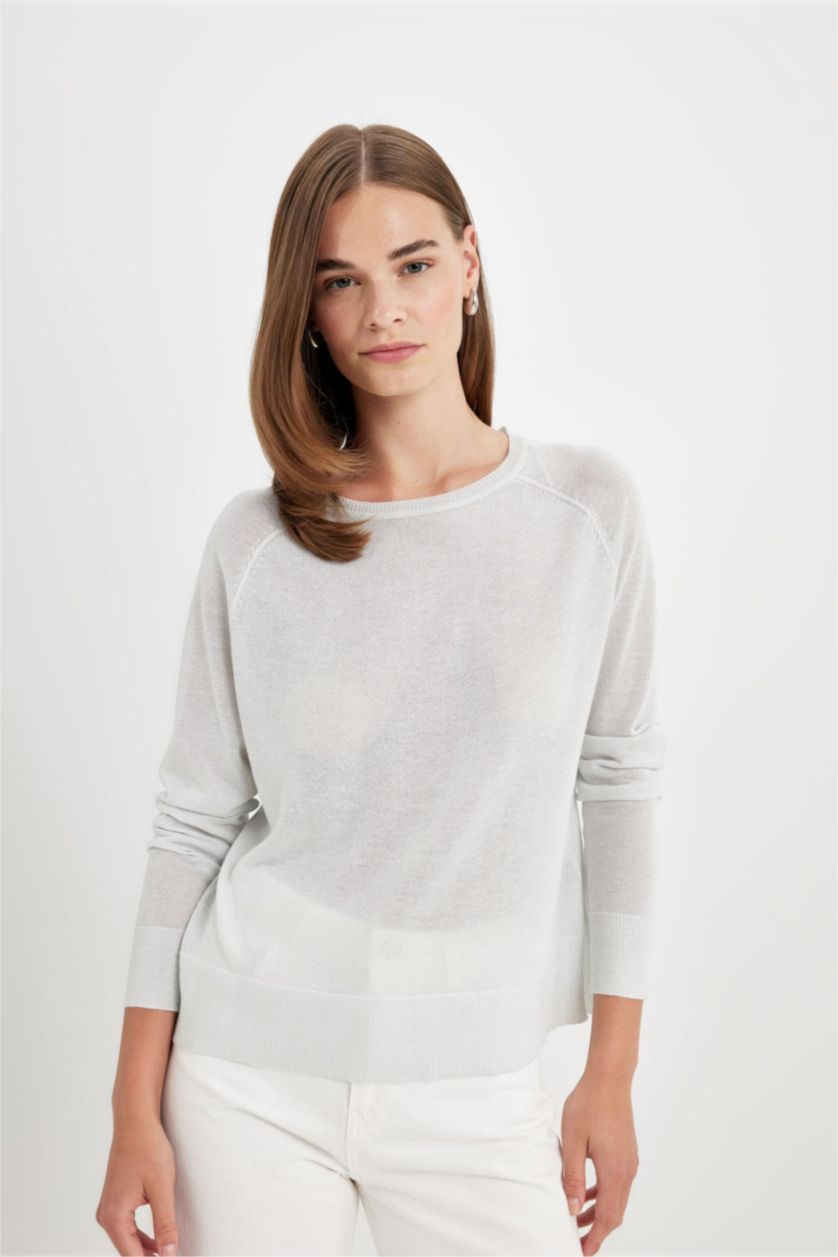 حريمي رمادي بلوفر بيزك تريكو قصة عادية برقبة مستديرة