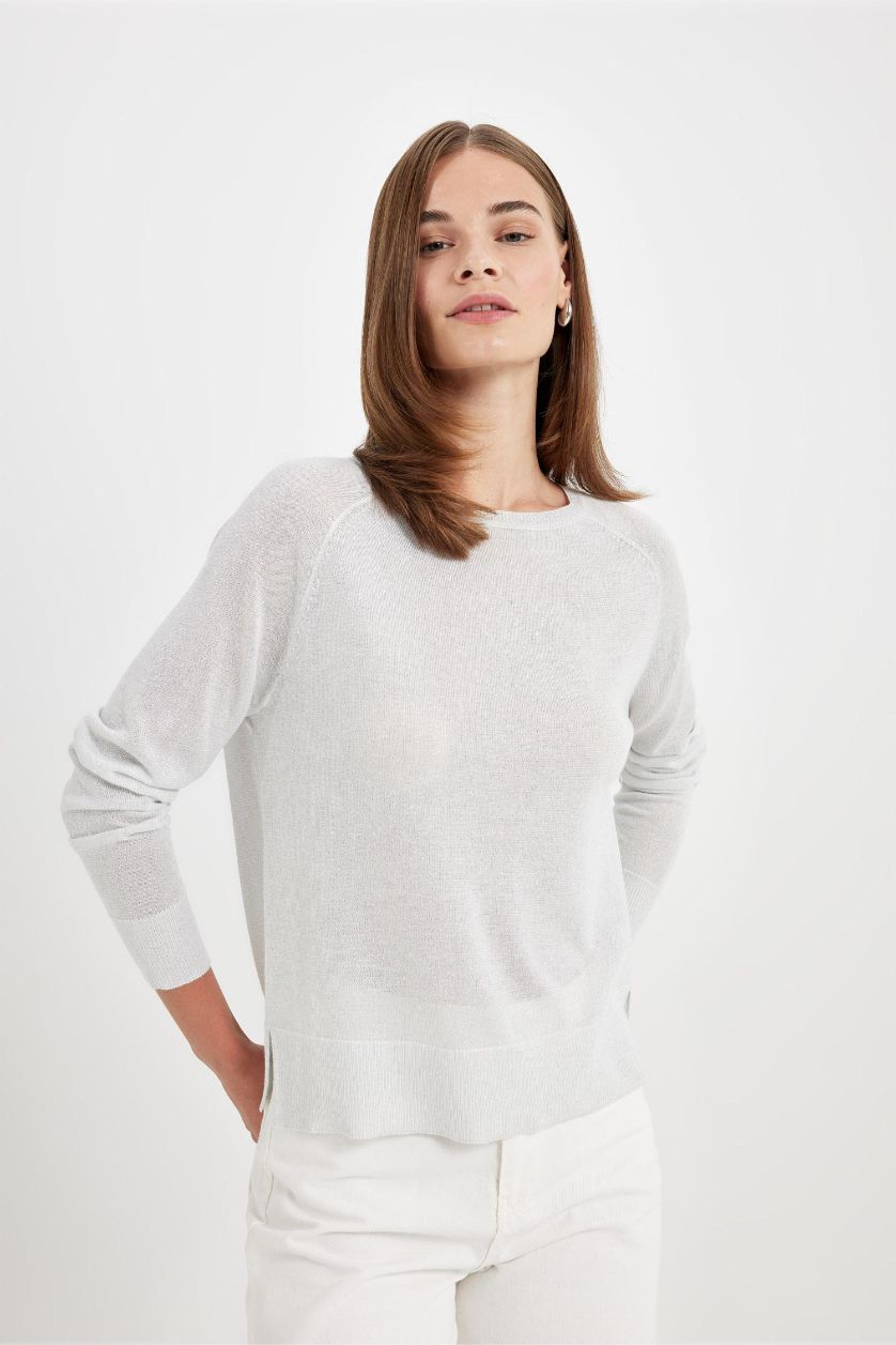 حريمي رمادي بلوفر بيزك تريكو قصة عادية برقبة مستديرة