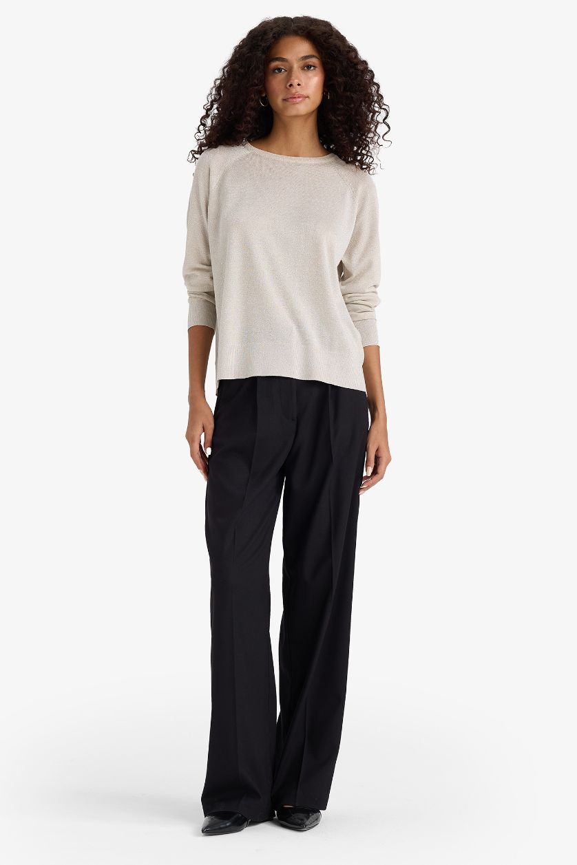 Kadın Bej Regular Fit Bisiklet Yaka Triko Kazak