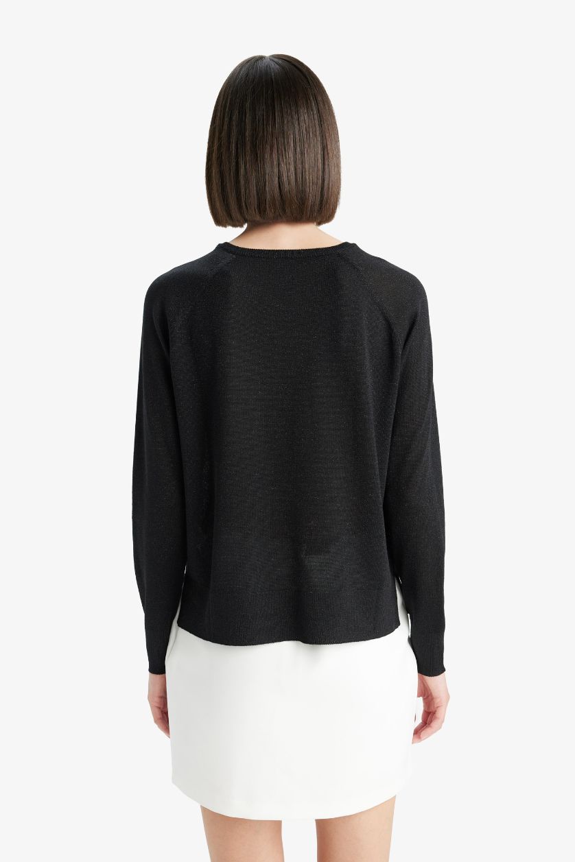 Kadın Siyah Regular Fit Bisiklet Yaka Triko Kazak