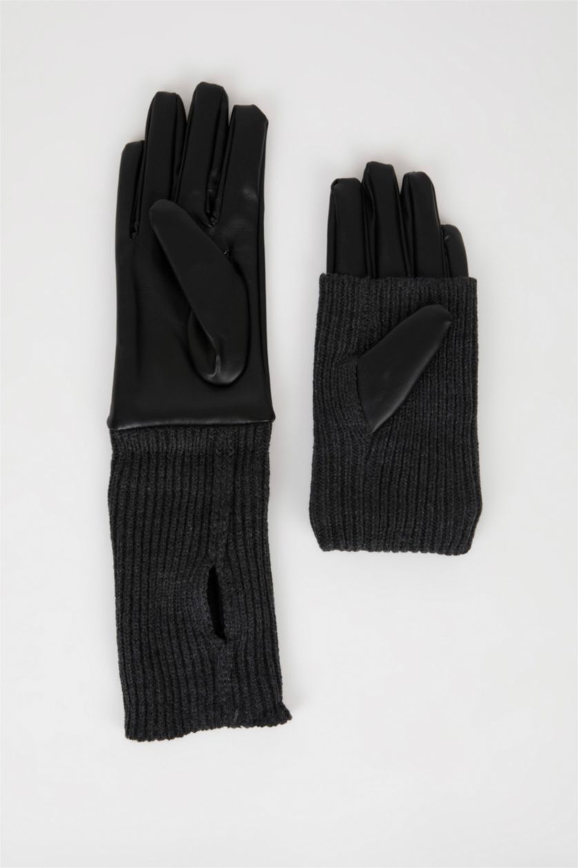 Women Black Woman Faux Leather Gloves