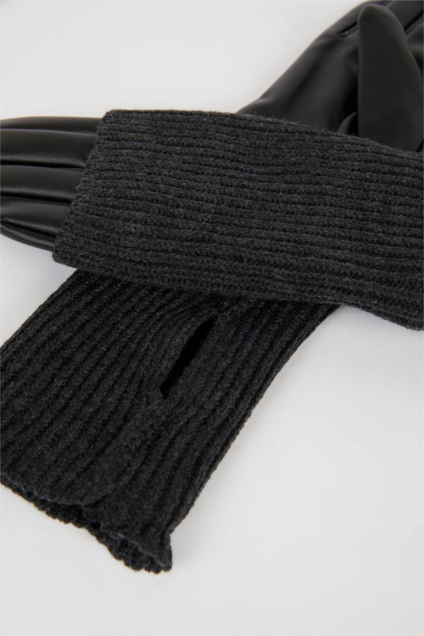 Women Black Woman Faux Leather Gloves