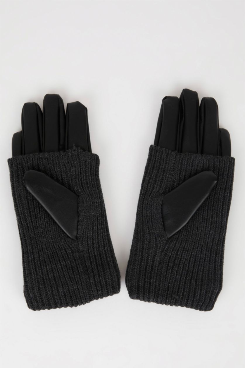 Women Black Woman Faux Leather Gloves