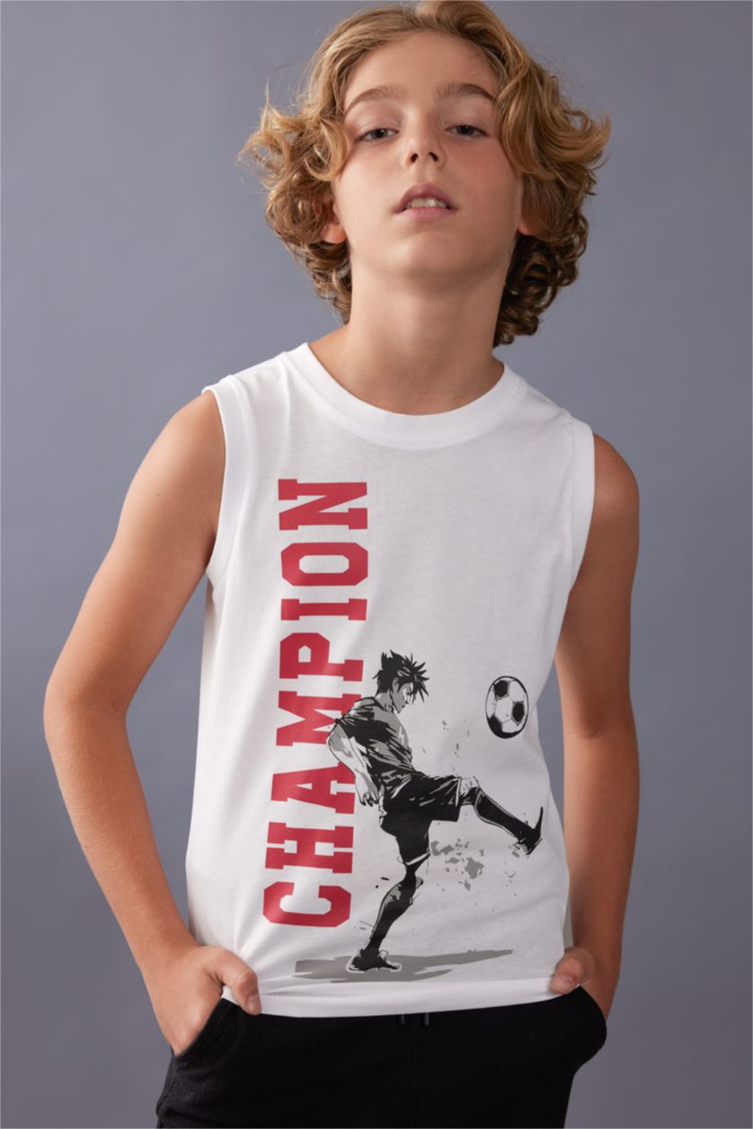 Erkek Çocuk - Genç Erkek Beyaz Erkek Çocuk Bisiklet Yaka Baskılı Atlet