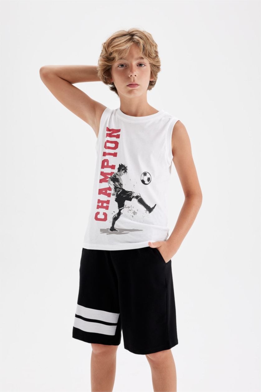 Erkek Çocuk - Genç Erkek Beyaz Erkek Çocuk Bisiklet Yaka Baskılı Atlet