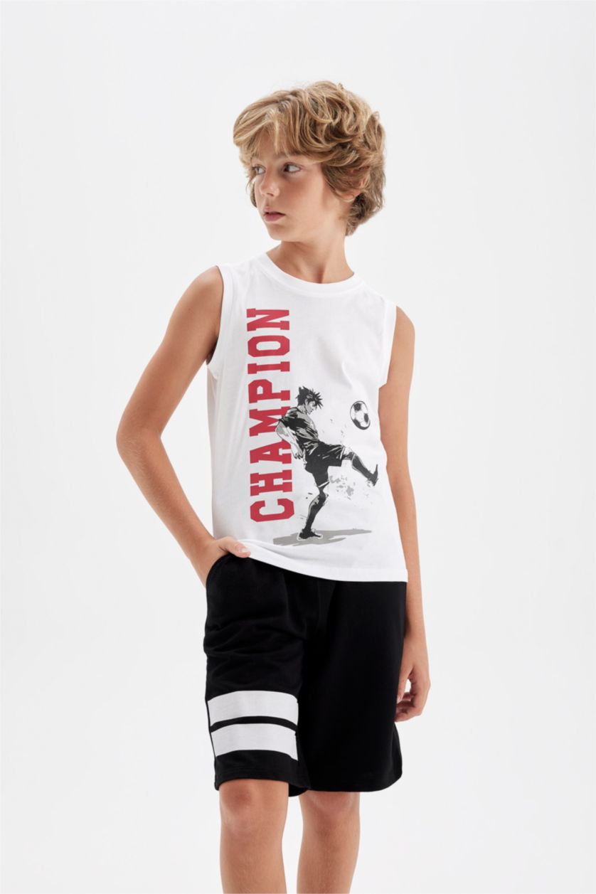 Erkek Çocuk - Genç Erkek Beyaz Erkek Çocuk Bisiklet Yaka Baskılı Atlet