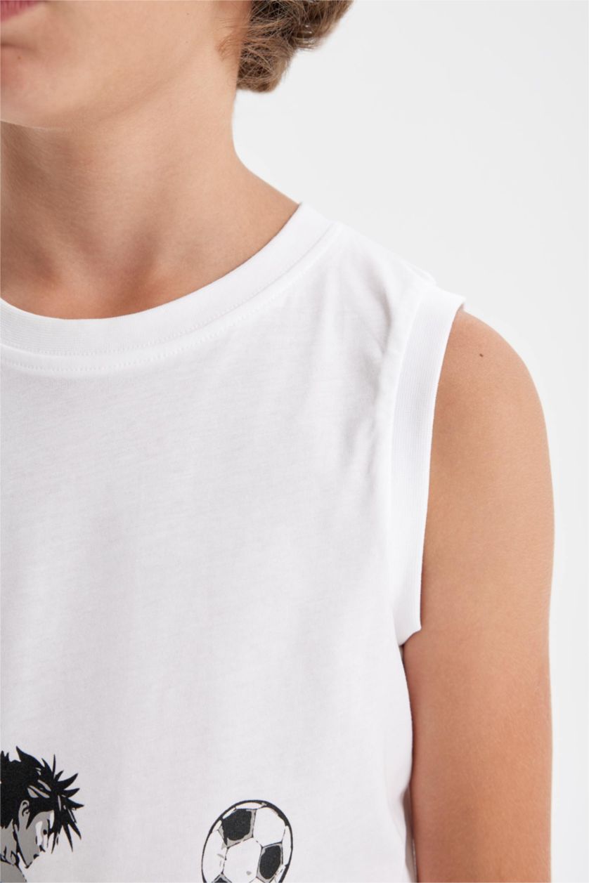 Erkek Çocuk - Genç Erkek Beyaz Erkek Çocuk Bisiklet Yaka Baskılı Atlet