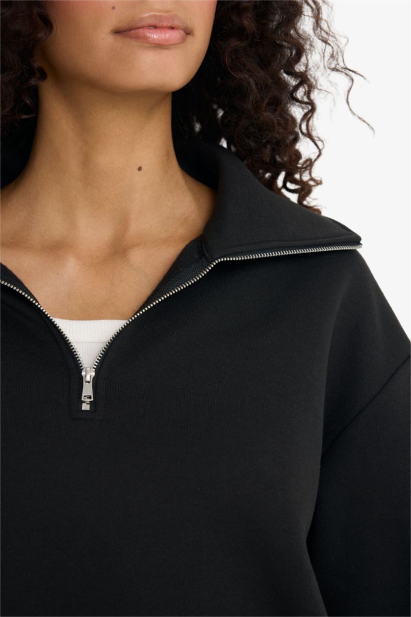 Женщины Черный Толстовка стандартного кроя с воротником-поло из плотного материала