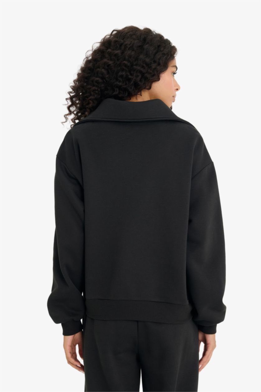 Женщины Черный Толстовка стандартного кроя с воротником-поло из плотного материала