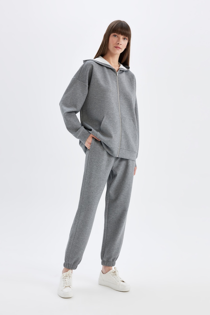 Kadın Gri Melanj Jogger Standart Fit Skuba Dalgıç Kumaş Pantolon
