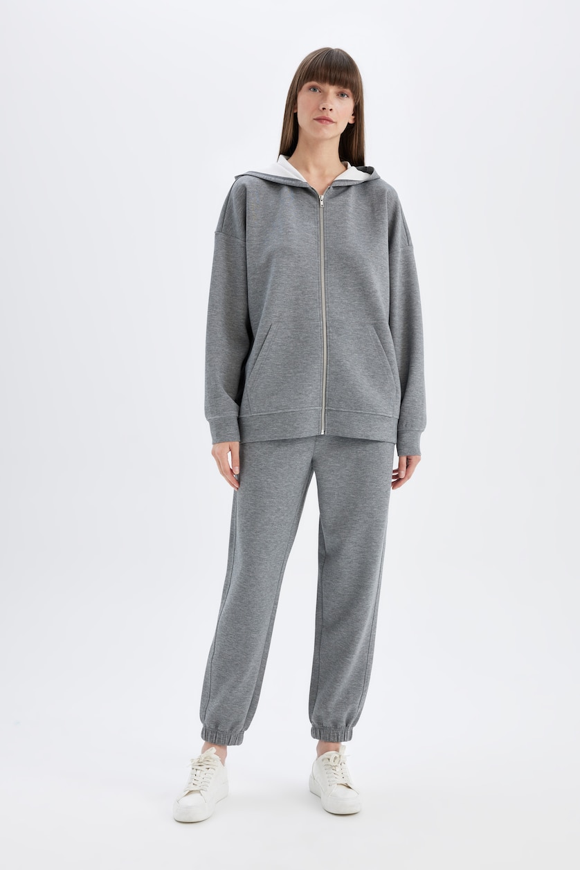 Kadın Gri Melanj Jogger Standart Fit Skuba Dalgıç Kumaş Pantolon