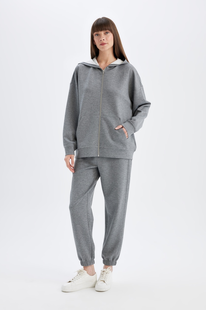 Kadın Gri Melanj Jogger Standart Fit Skuba Dalgıç Kumaş Pantolon