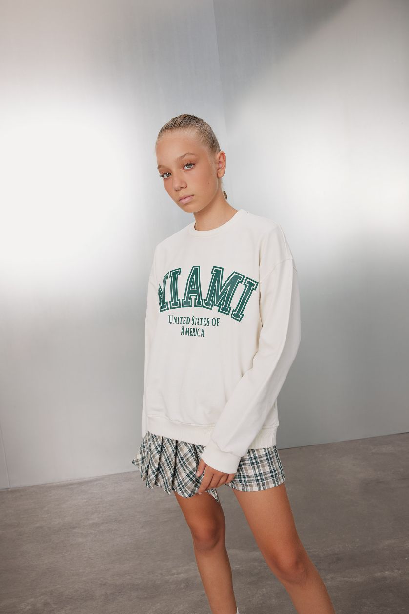 Kız Çocuk - Genç Kız Ekru Relax Fit Bisiklet Yaka Baskılı Okul Sweatshirt Kız Çocuk