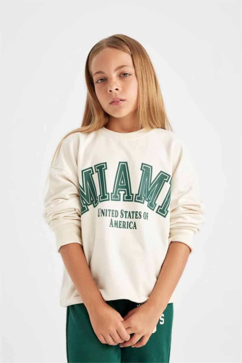 Kız Çocuk - Genç Kız Ekru Relax Fit Bisiklet Yaka Baskılı Okul Sweatshirt Kız Çocuk