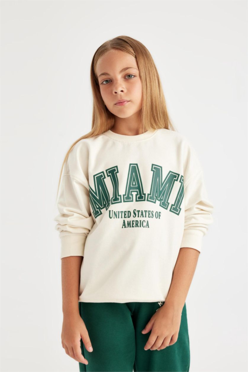 Kız Çocuk - Genç Kız Ekru Relax Fit Bisiklet Yaka Baskılı Okul Sweatshirt Kız Çocuk