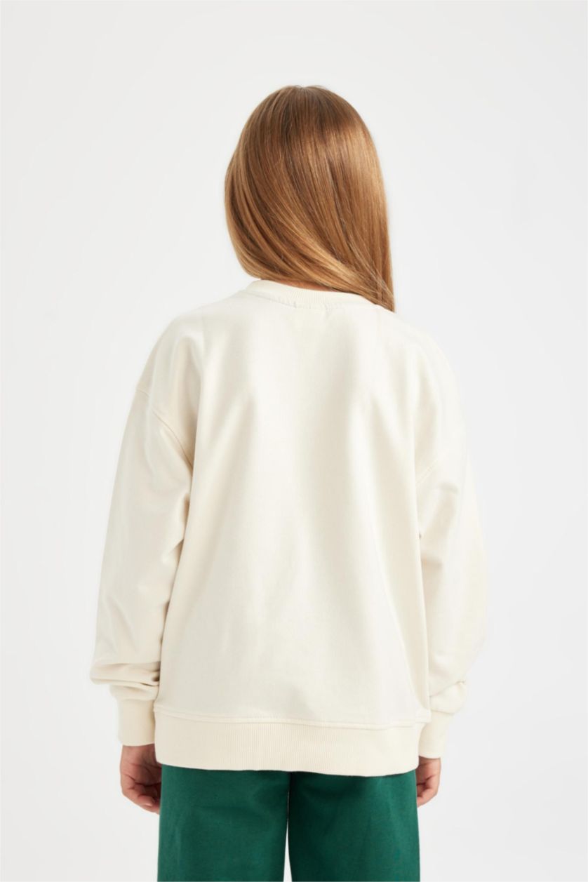 Kız Çocuk - Genç Kız Ekru Relax Fit Bisiklet Yaka Baskılı Okul Sweatshirt Kız Çocuk