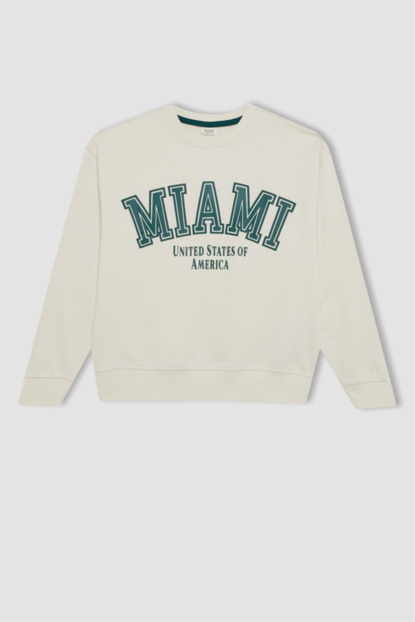 Kız Çocuk - Genç Kız Ekru Relax Fit Bisiklet Yaka Baskılı Okul Sweatshirt Kız Çocuk