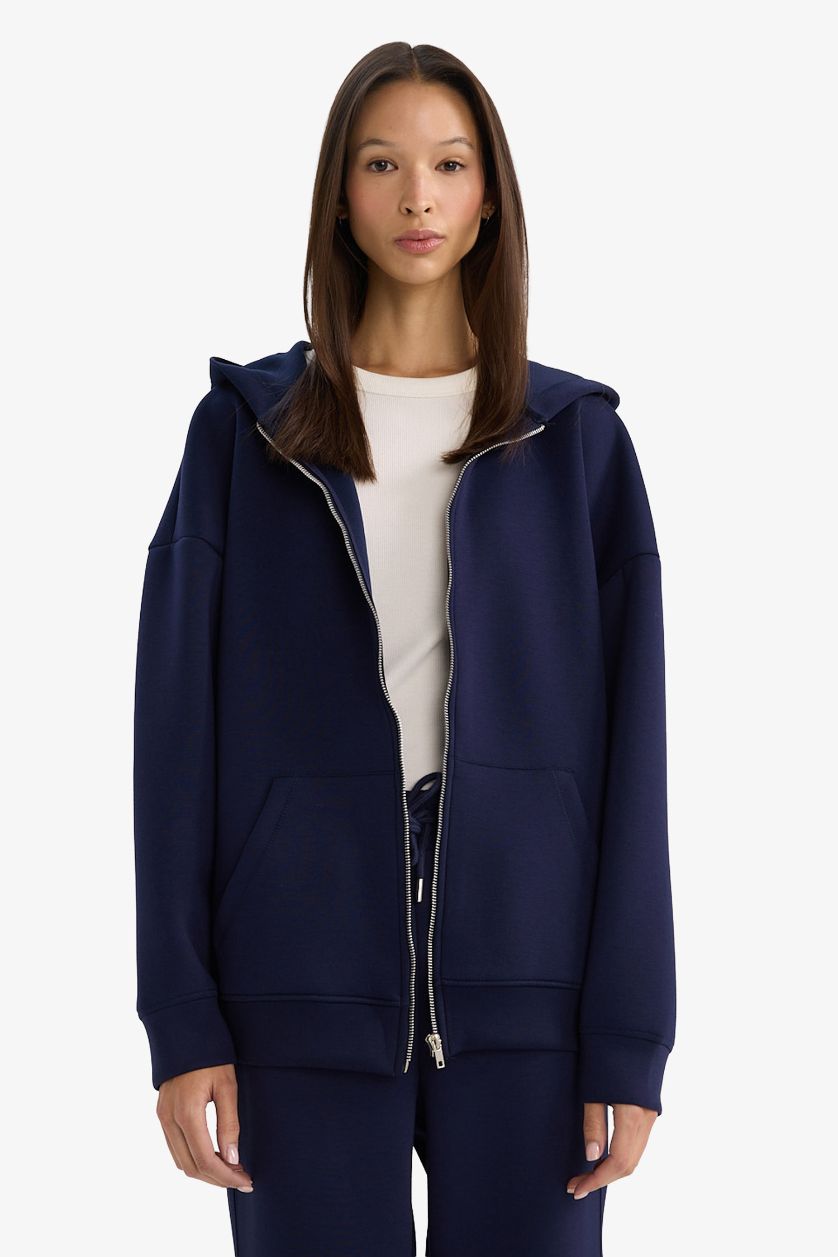 Kadın Lacivert Oversize Geniş Kalıp Kapüşonlu Skuba Dalgıç Kumaş Fermuarlı Sweatshirt