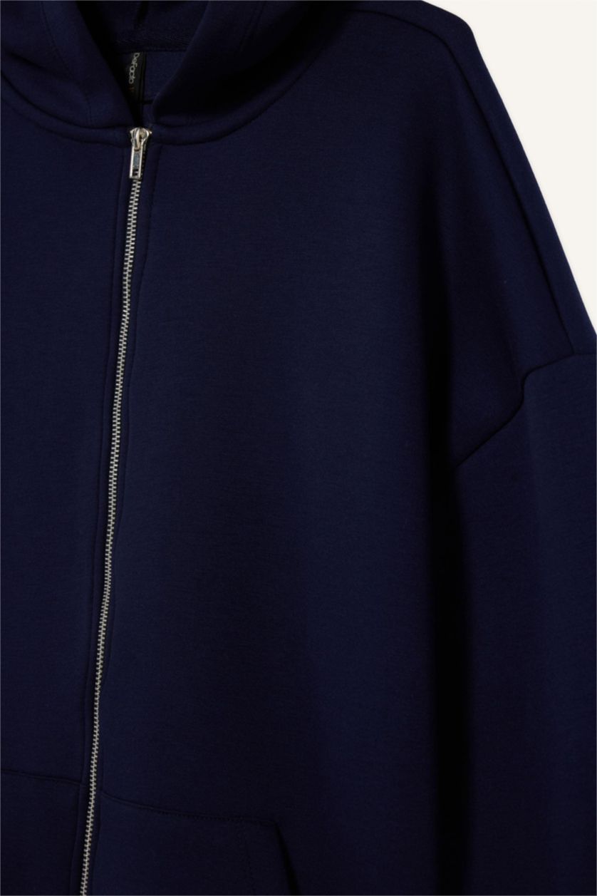 Kadın Lacivert Oversize Geniş Kalıp Kapüşonlu Skuba Dalgıç Kumaş Fermuarlı Sweatshirt