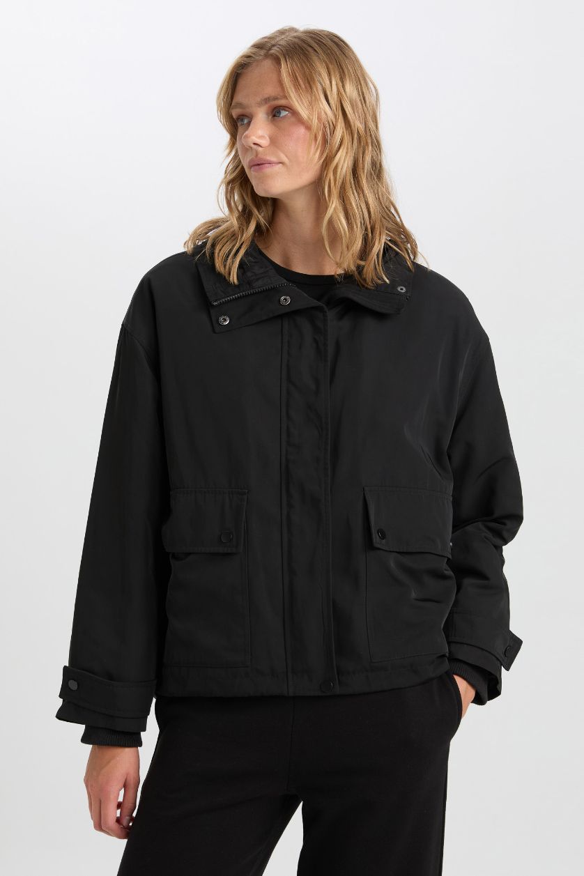 Woman Black Hooded Waterproof Jacket