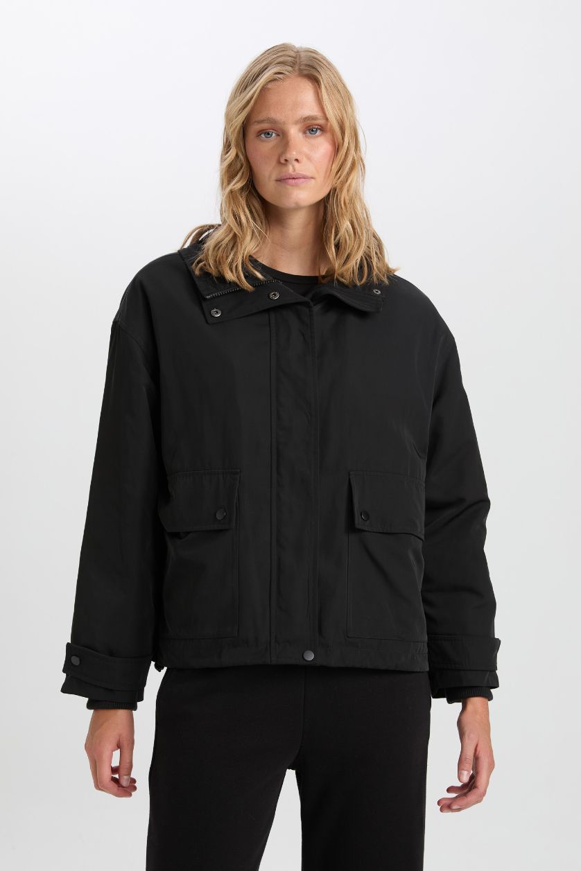 Woman Black Hooded Waterproof Jacket