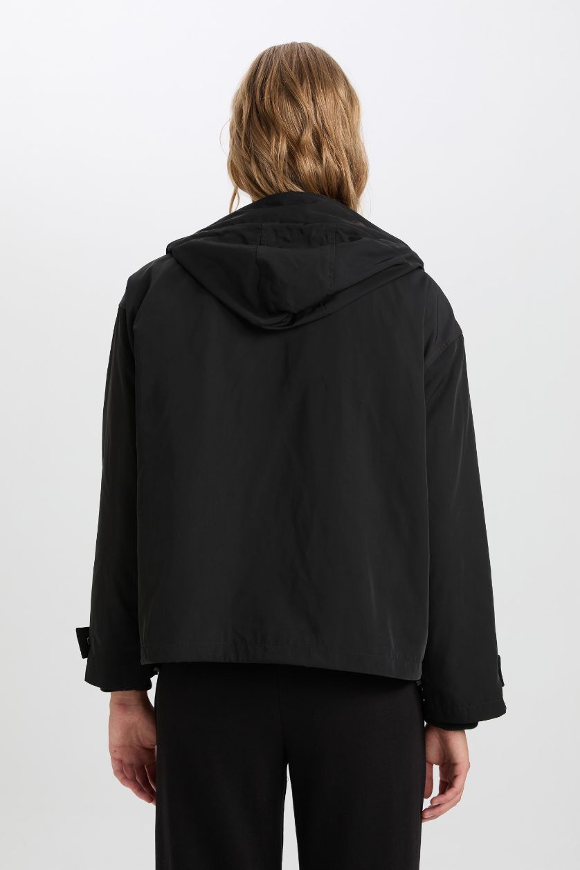 Woman Black Hooded Waterproof Jacket