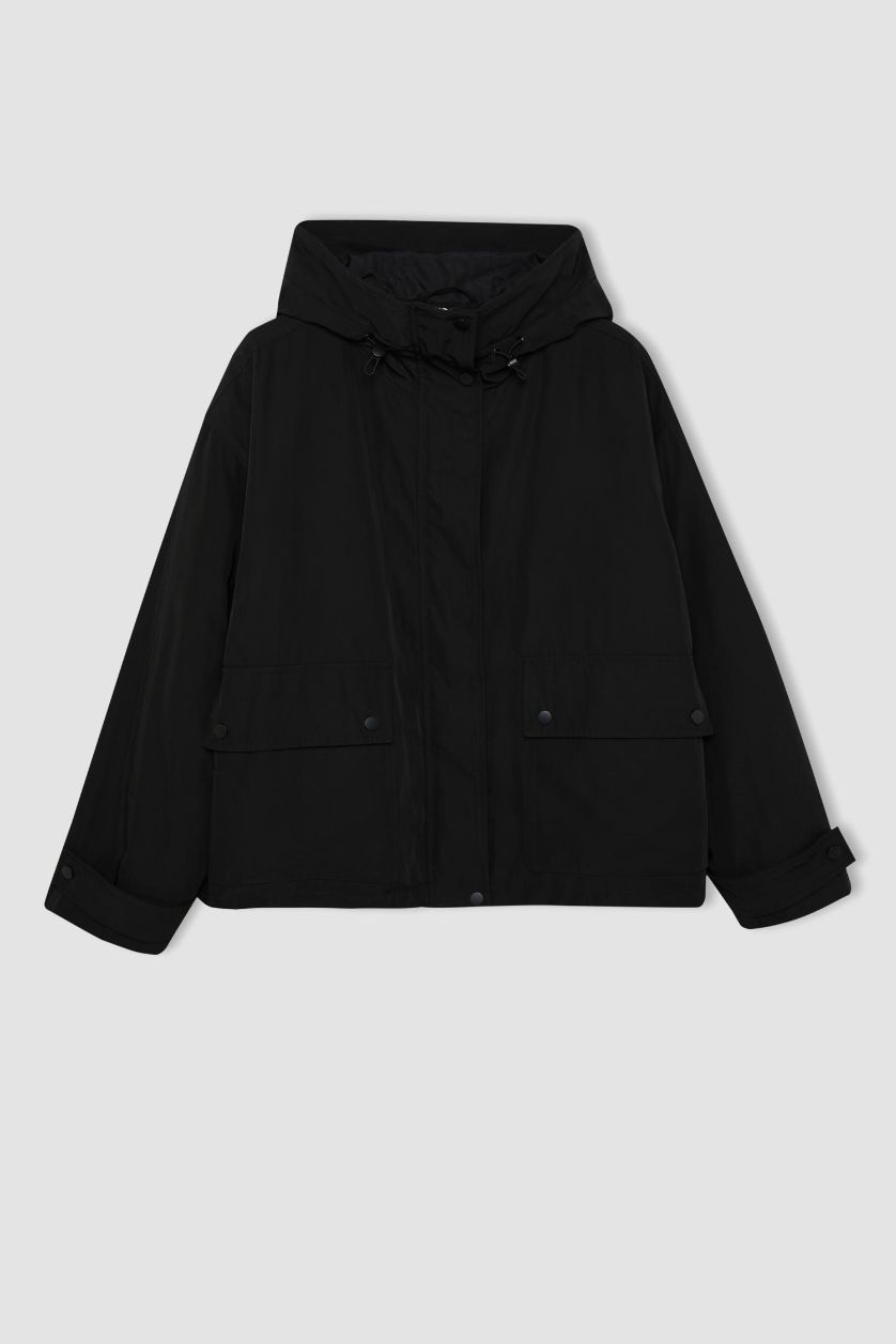 Woman Black Hooded Waterproof Jacket