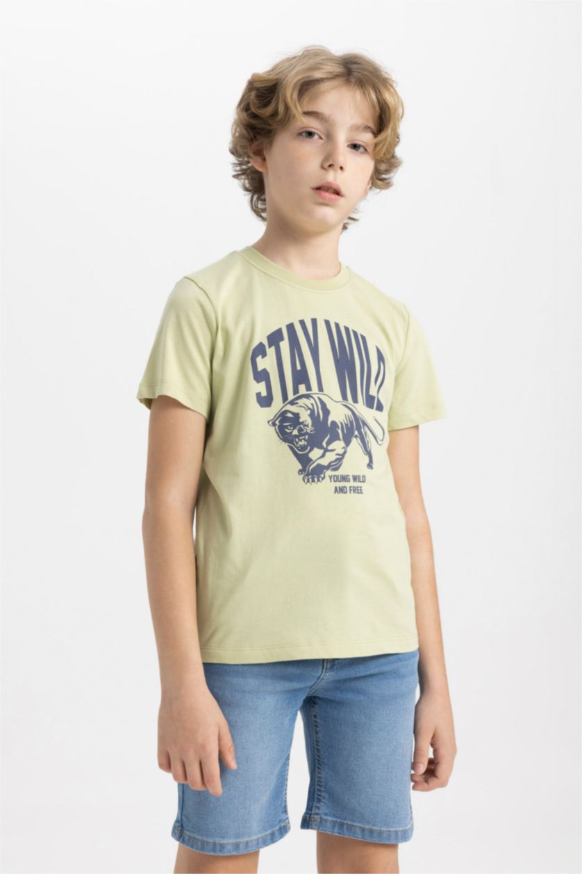 Erkek Çocuk - Genç Erkek Açık Yeşil Erkek Çocuk Bisiklet Yaka Baskılı Kısa Kollu Tişört