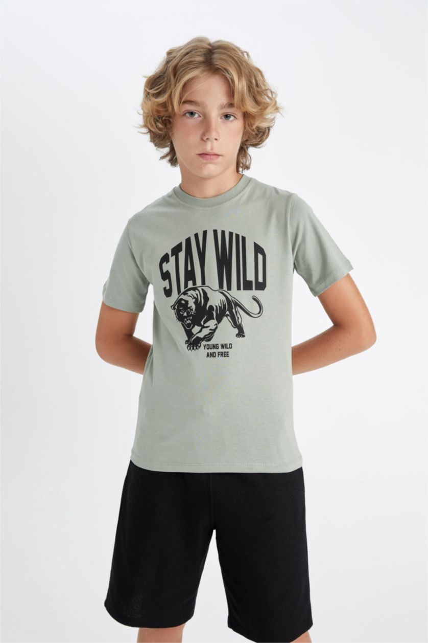Young Boys - Teen Boys Light Khaki Boy Crew Neck Printed Short Sleeve T-Shirt