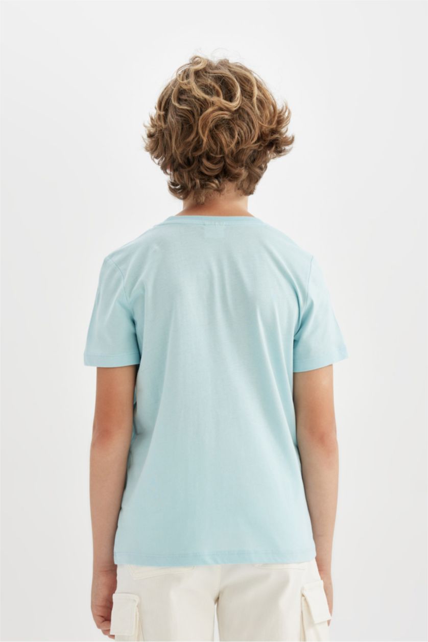 Erkek Çocuk - Genç Erkek Açık Mavi Erkek Çocuk Bisiklet Yaka Baskılı Kısa Kollu Tişört