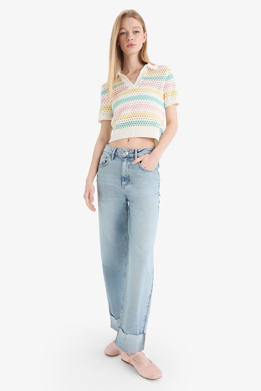 FEMME Écru T-shirt Polo à manches courtess en Crochet tricoté coloré