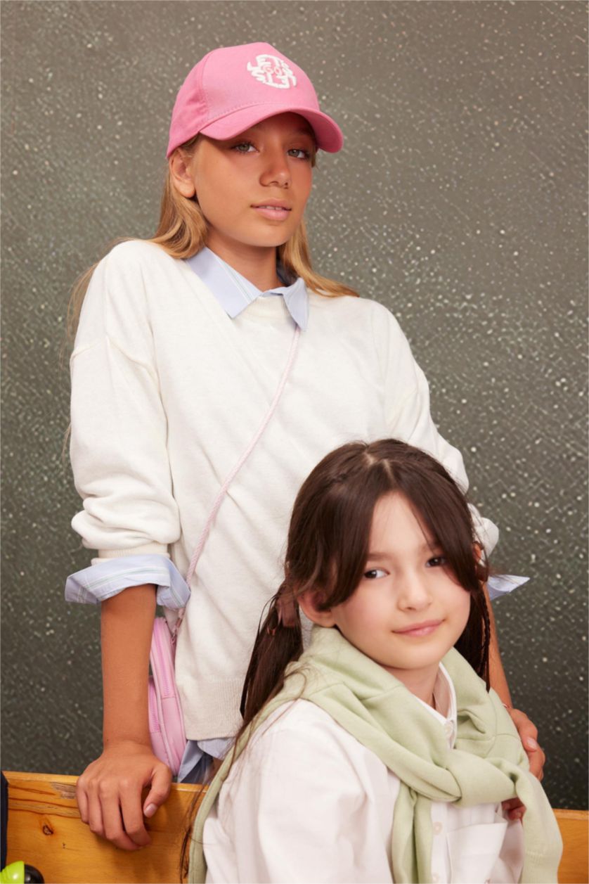 Kız Çocuk - Genç Kız Ekru Melanj Kız Çocuk Ekru Standart Fit Bisiklet Yaka Basic Düz Triko Kazak