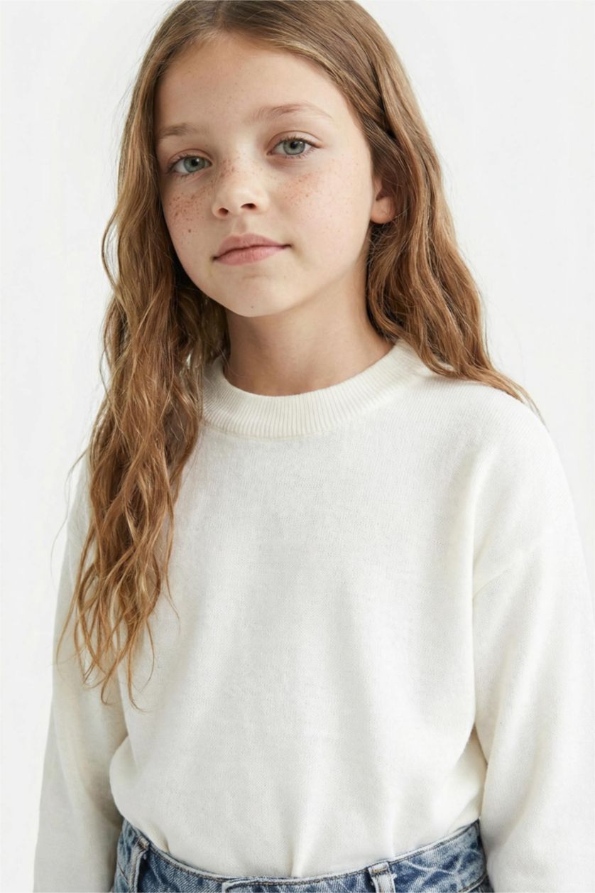 Kız Çocuk - Genç Kız Ekru Melanj Kız Çocuk Ekru Standart Fit Bisiklet Yaka Basic Düz Triko Kazak