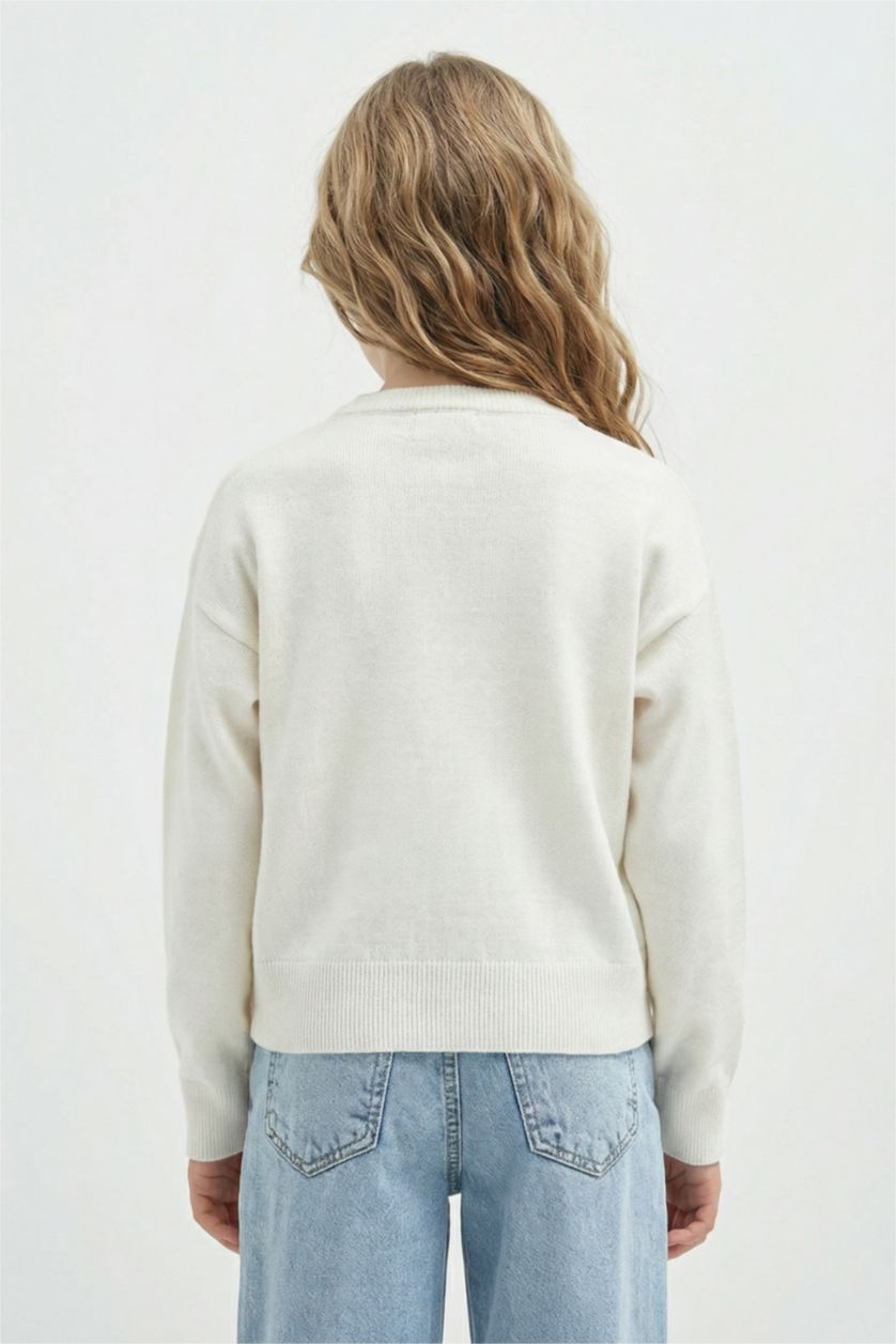 Kız Çocuk - Genç Kız Ekru Melanj Kız Çocuk Ekru Standart Fit Bisiklet Yaka Basic Düz Triko Kazak