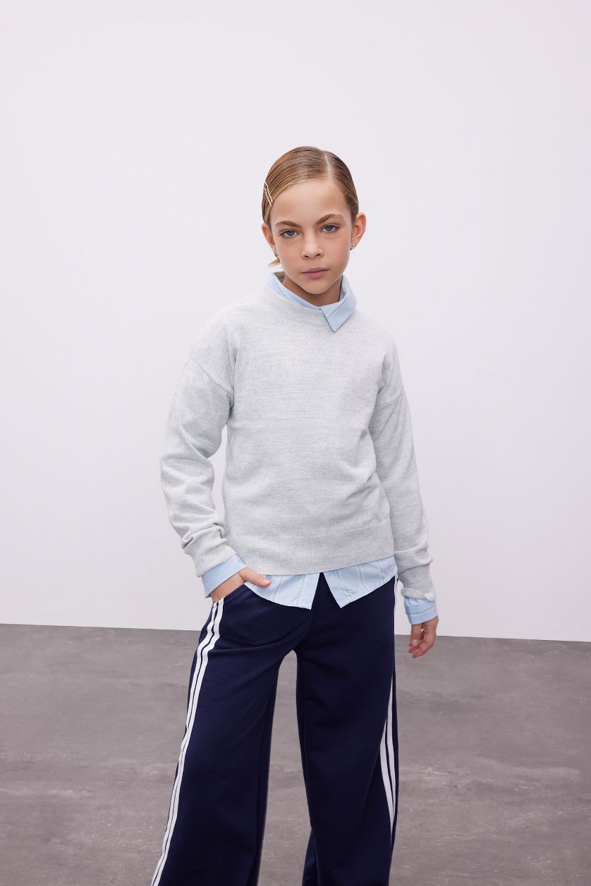 Kız Çocuk - Genç Kız Açık Gri Melange Standart Fit Bisiklet Yaka Triko Kazak Kız Çocuk