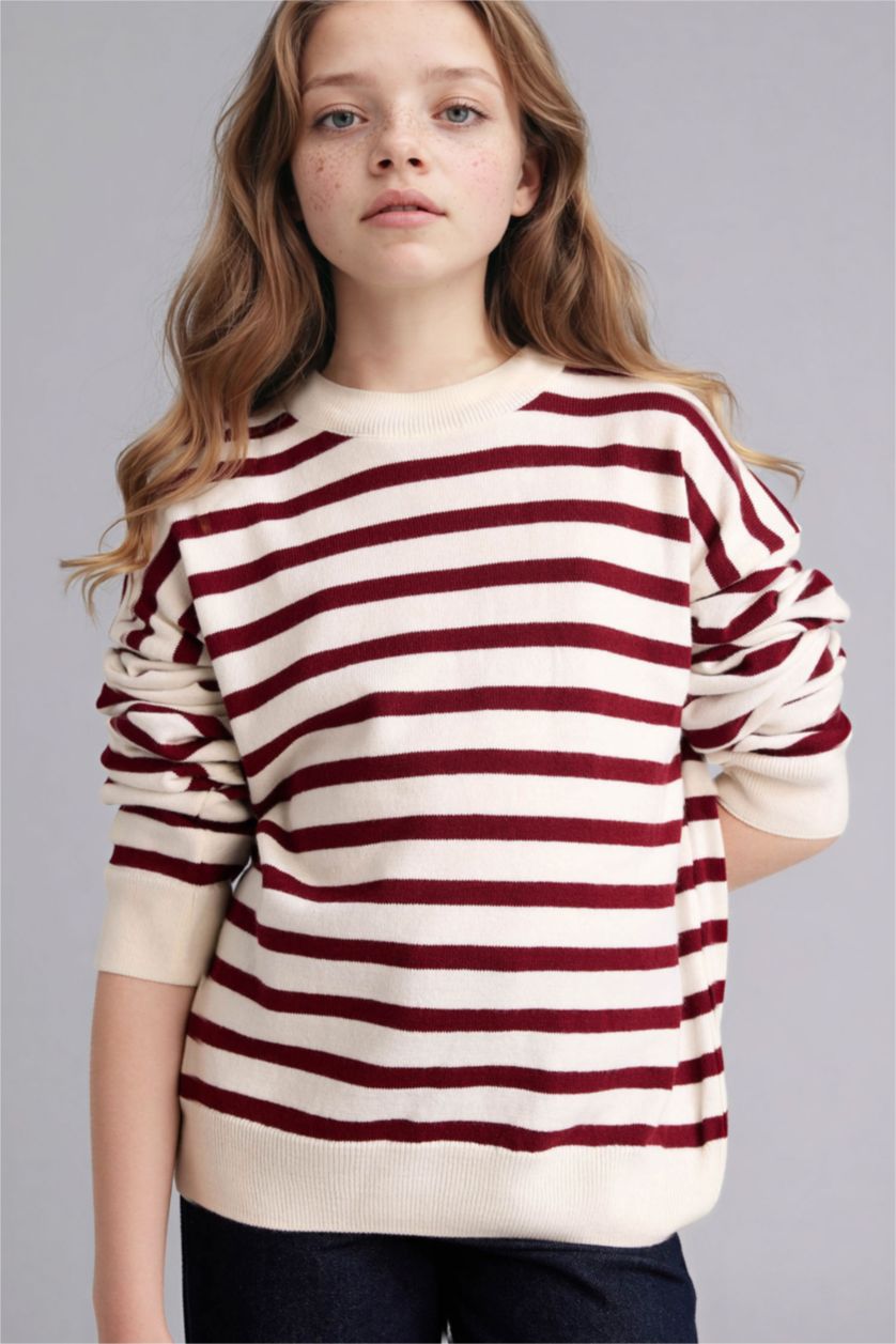 Kız Çocuk - Genç Kız Bordo Standart Fit Bisiklet Yaka Triko Kazak Kız Çocuk