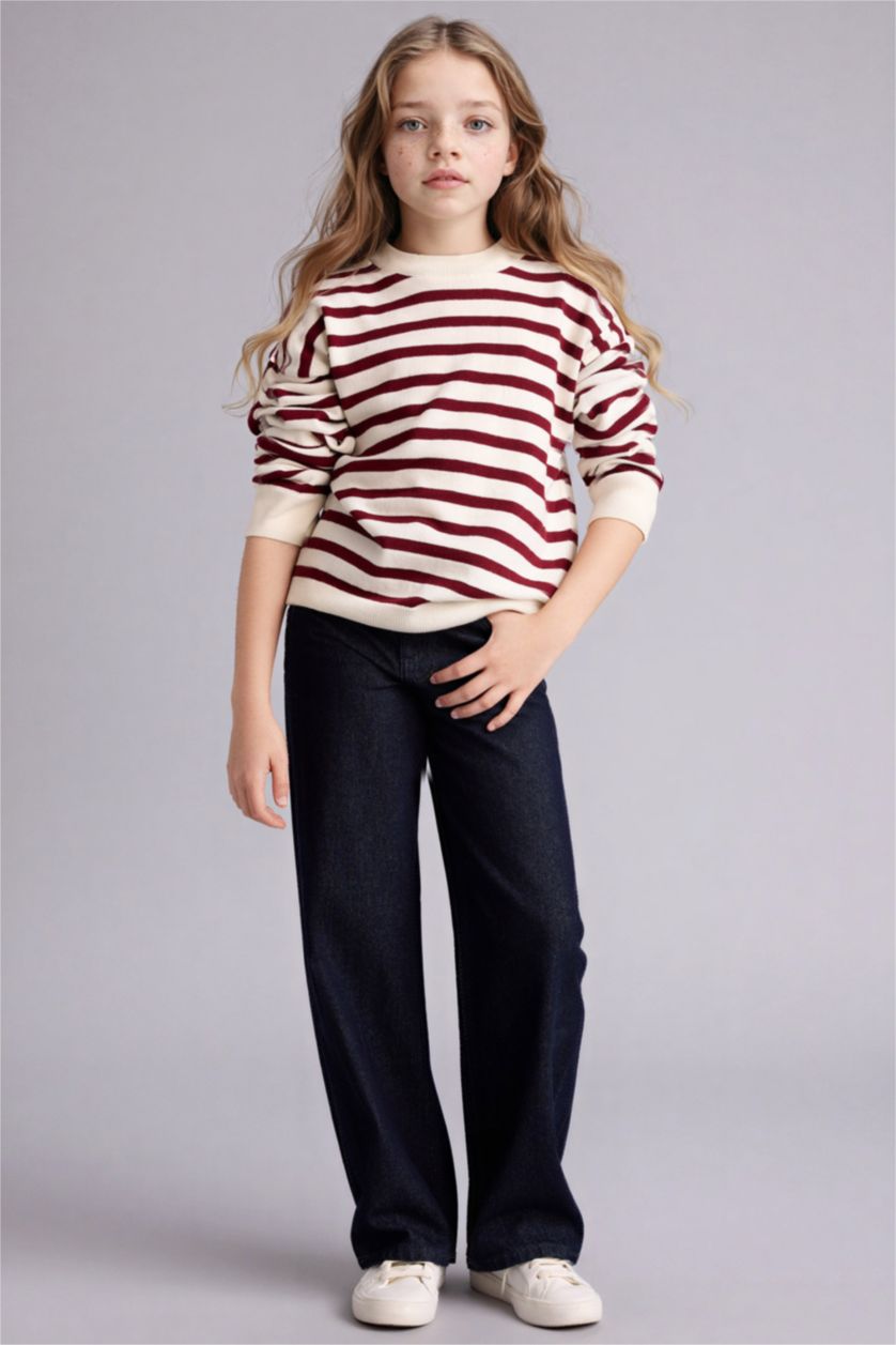 Kız Çocuk - Genç Kız Bordo Standart Fit Bisiklet Yaka Triko Kazak Kız Çocuk