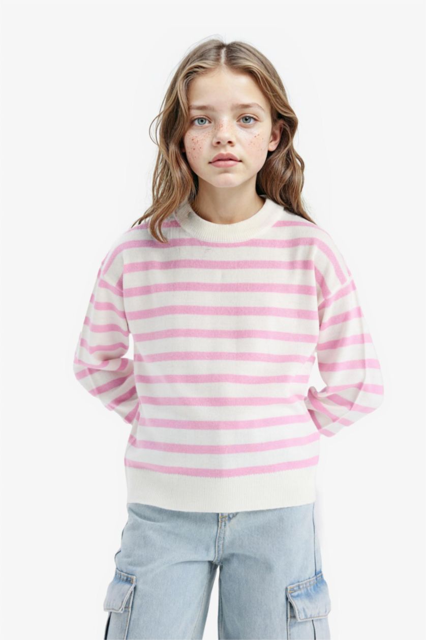 GIRLS & TEENS Pink Girl Standard Fit Crew Neck Striped Pullover