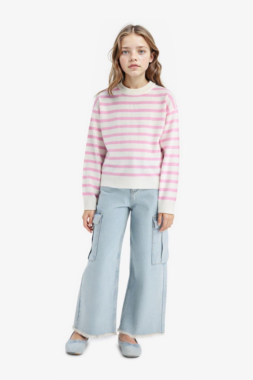 GIRLS & TEENS Pink Girl Standard Fit Crew Neck Striped Pullover